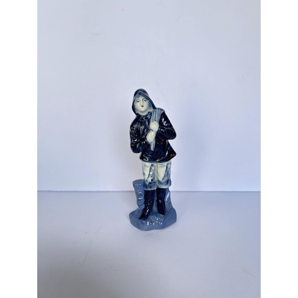 Vintage Blue and White Porcelain Fisherman Figurine, Hand-Painted Sailor Statue